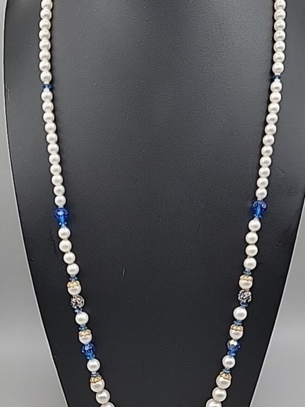 Vintage Faux Pearl Blue Fauceted Beads & Gold Filigree Accents Necklace 31"